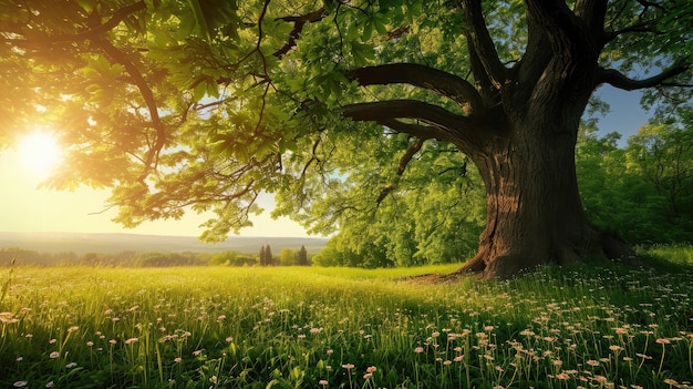 Spring meadow with big tree with fresh green leaves