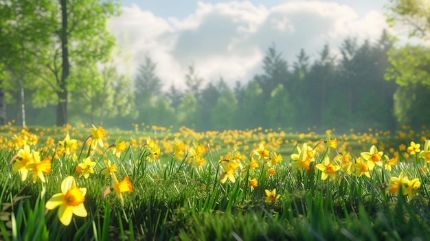 A Spring Meadow with Yellow Daffodils and Trees in Background