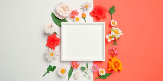 Spring minimal concept Nature background Flowers and white frame Generative AI