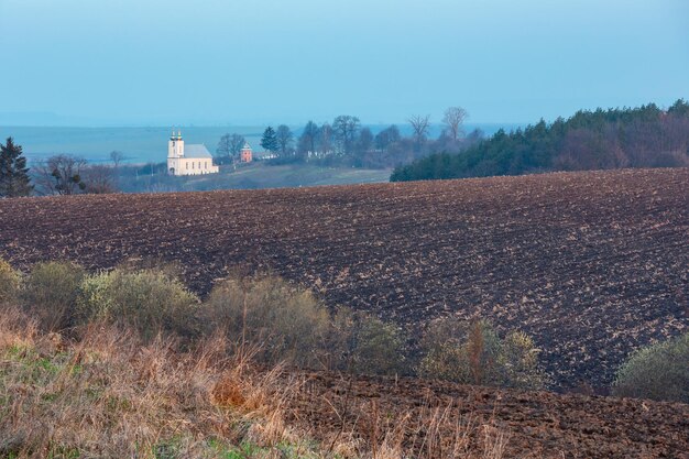 Spring morning arable and growth fields and countryside