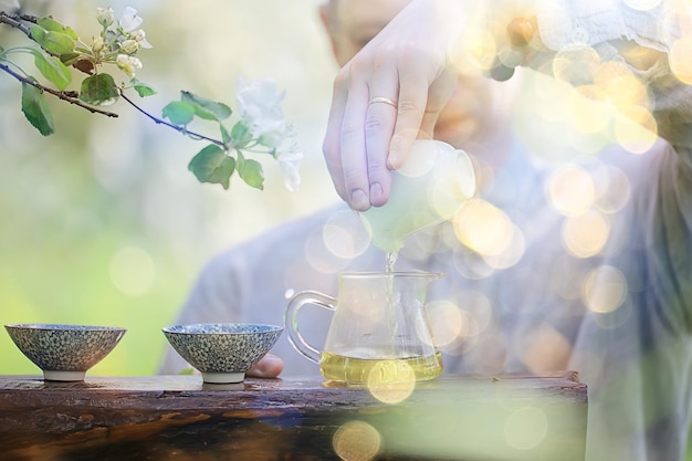 spring morning in asia, traditional tea ceremony in china aroma sakura