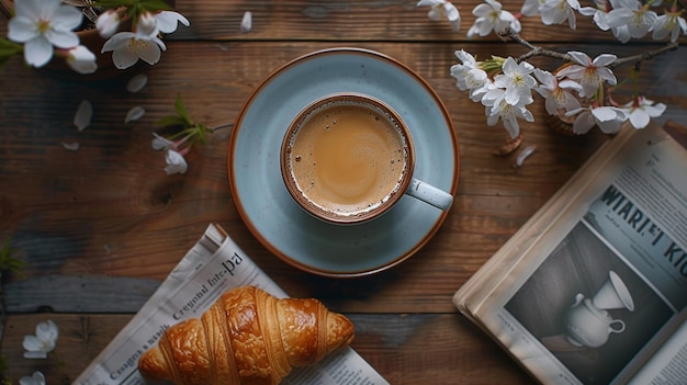 Spring Morning Coffee and Croissant Flat Lay