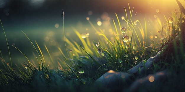 Spring nature background of grass at sunrise with morning's dew