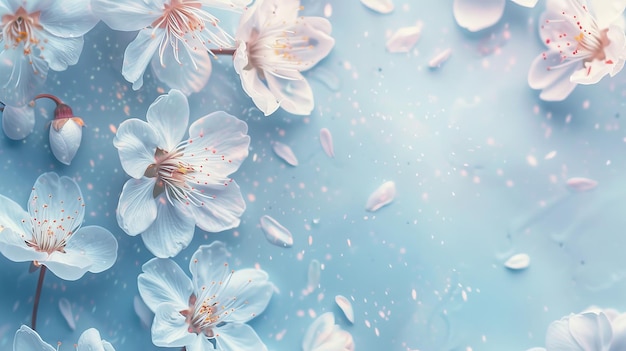 Spring nature background with lovely blossom in blue pastel color top view banner