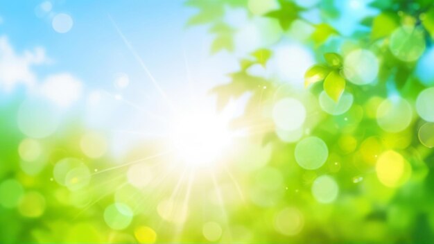 Spring nature bokeh background with sun rays and green leaves