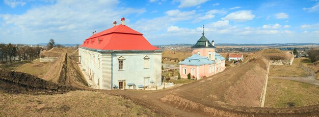 Spring panorama view of old Zolochiv castle (Ukraine, Lviv Region, Dutch style, built in 1634-36 by Jakub Sobieski). Five shots stitch image.