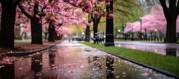 Spring park after rain with blooming trees pink sakura flowers