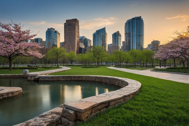 Spring park with cityscape background