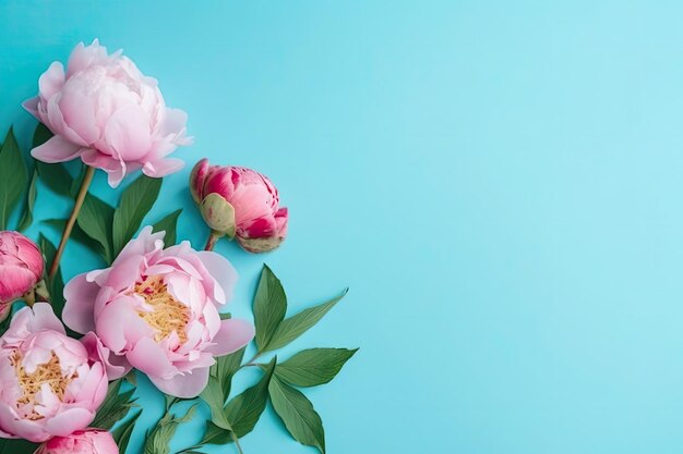 Spring peony flowers bouquet on pastel background top view in flat lay style Generative AI