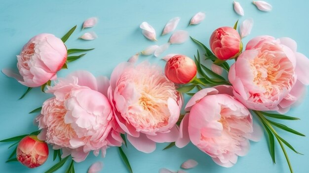 Spring peony flowers on pink blue pastel background