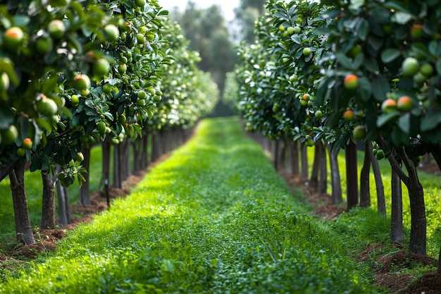 Photo spring perspective of a lush walnut orchard in california with rows of fruit trees and green