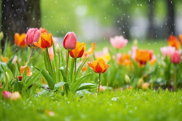 Spring Rainfall Tulips Adorned with Falling Raindrops