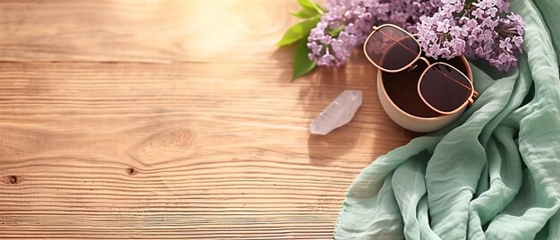 Photo spring refresh lilac linen and light on wooden table