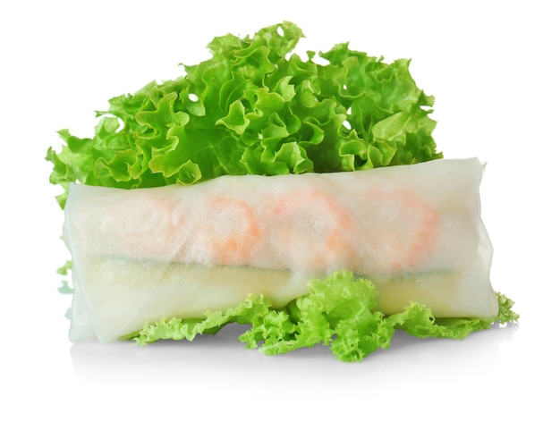 Spring roll with salad on white background