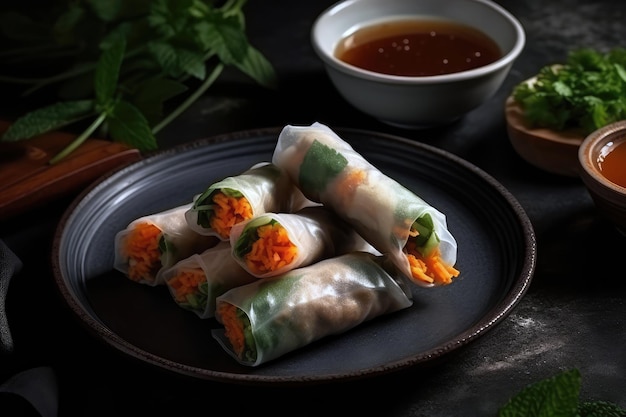 Spring Rolls On Black Plate Generative AI