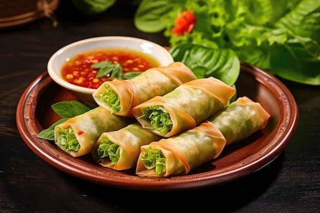 Spring Rolls On Plate In Botanicalstyle Cafe