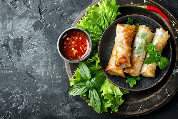 Photo spring rolls in plate on the table