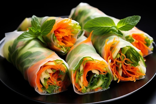 Photo spring rolls with fresh bell peppers and thai basil delicious spring rolls food image