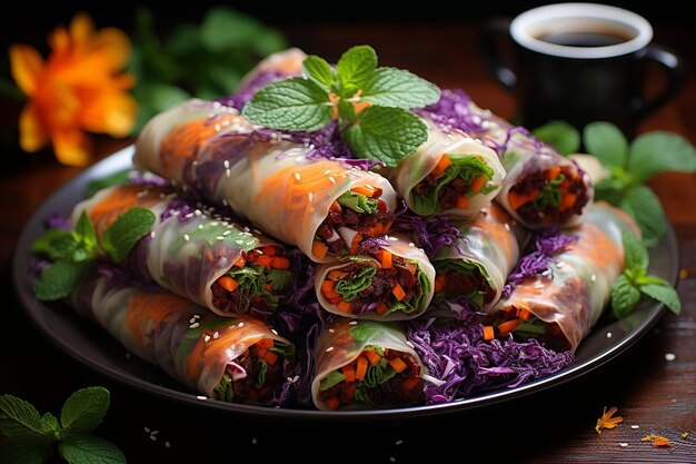 Photo spring rolls with fresh red cabbage delicious spring rolls food image