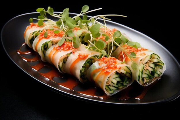 Photo spring rolls with fresh thai basil leaves delicious spring rolls food image