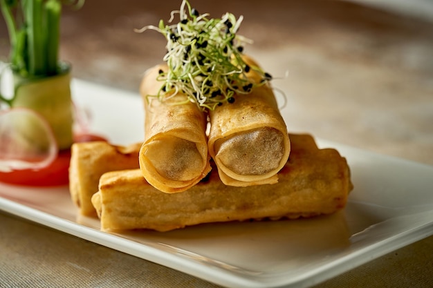 Spring rolls with meat fried in a deep fryer Closeup postproduction noise Selective focus