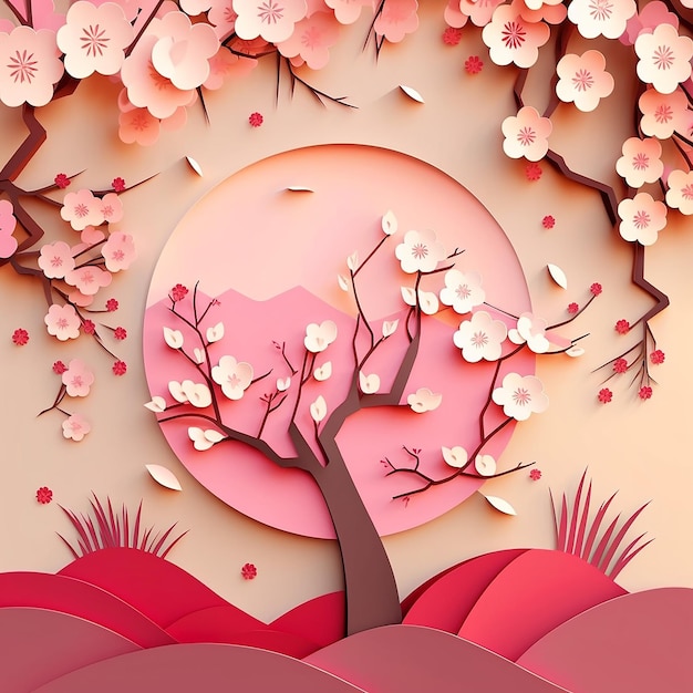 Spring sakura cherry blossom background in paper cut style Generative AI