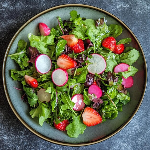 A spring salad with fresh greens radishes strawberries and a light vinaigrette