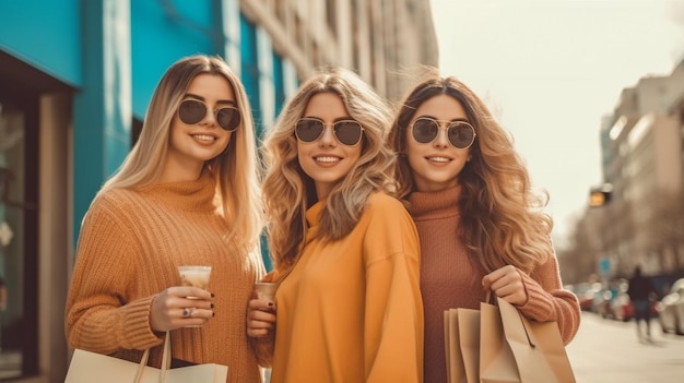 For the spring sales three cheerful female companions with shopping bags strolled along the street Generative AI