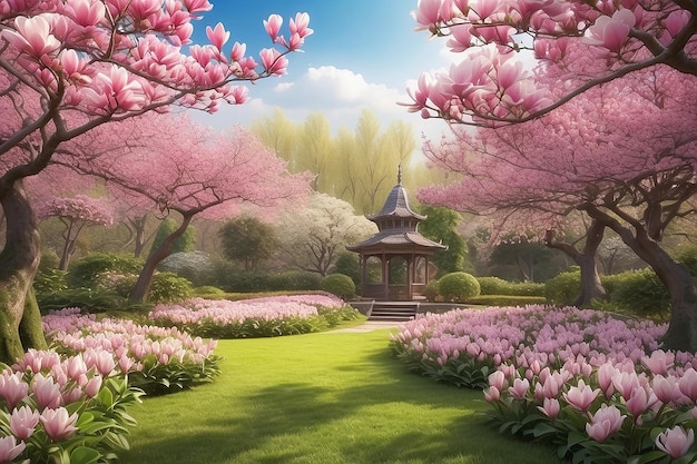 Spring Scene with a Pink Blooming Magnolia Garden