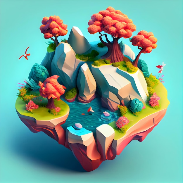 Spring season isometric diorama island generative ai