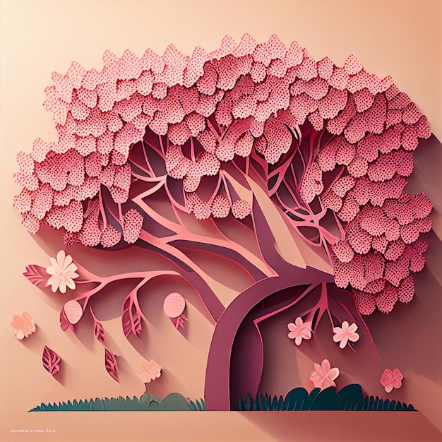 Spring season tree with pink blossoms background in paper cut style Generative AI