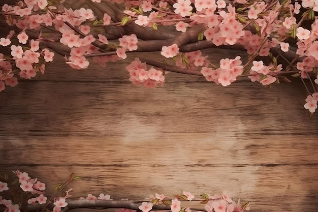 Spring seasonal of pink sakura branch with wooden table stand flower background Neural network AI generated