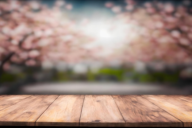 Spring seasonal of pink sakura branch with wooden table stand flower background Neural network AI generated