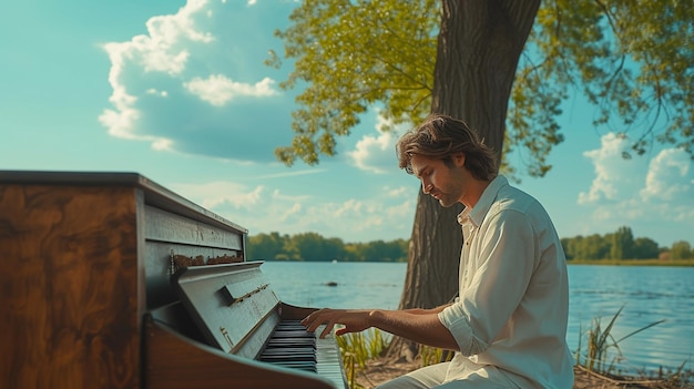 Spring Serenade Handsome Man Playing Triangle Piano