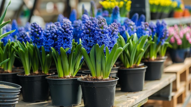 Spring showcase vibrant hyacinths in pots at market floral display