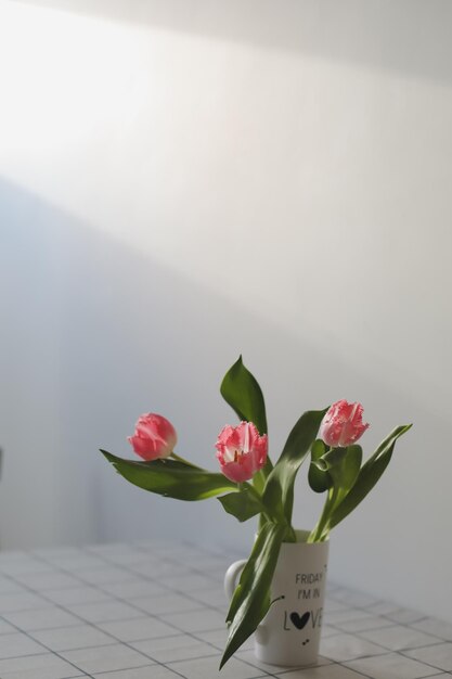 spring still life with fresh pink tulips home decor