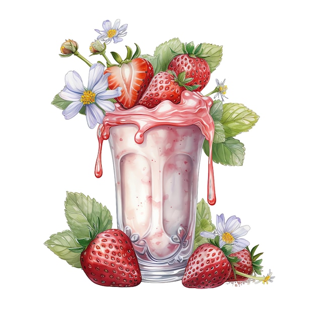 Spring strawberry milkshake watercolor illustration spring clipart