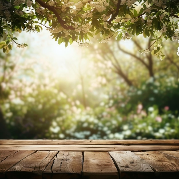 Spring summer background with an empty wooden table and young flowering tree branches around