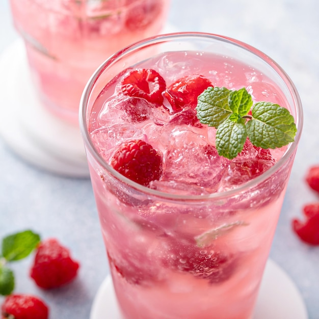 Spring or summer cocktail with raspberry and mint