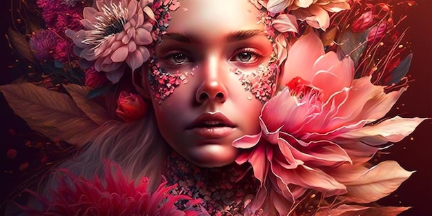 Spring or summer design of a woman face expression decorated with flowers Pink flowers concept for mother39s day woman day or valentine Generative Ai