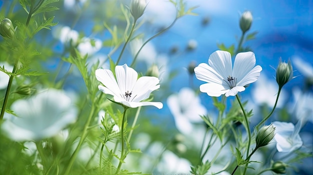 Spring summer nature flower plants blue and white textured background