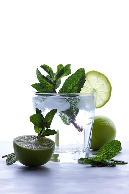 Spring or summer refreshing cold cocktail Glass of fresh lemonade with orange ice cubes mint straws Closeup