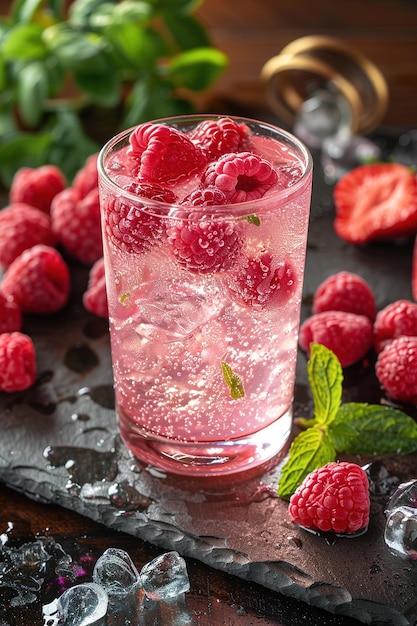 Spring or summer refreshing cold cocktail or mocktail with berries and lemon raspberry lemonade