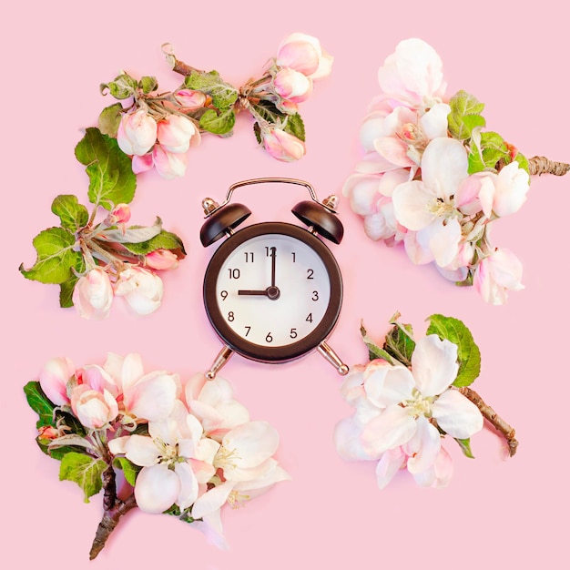 Spring and summer time alarm clock and flowers of apple tree on pink background