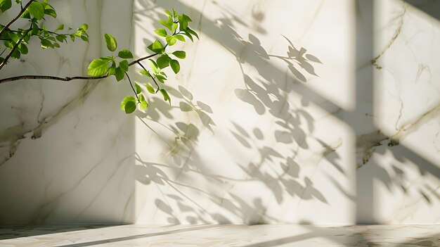 Spring sunlight in green branch of tree with shadow on white marble tile wall wood Generative AI