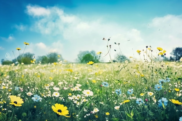 Spring sunny meadow with flowers Illustration Generative AI