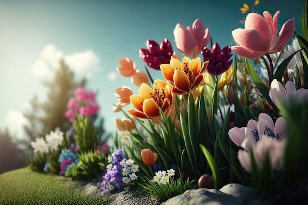 Spring sunny meadow with flowers Illustration Generative AI