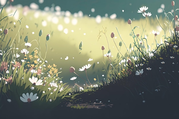 Spring sunny meadow with flowers Illustration Generative AI