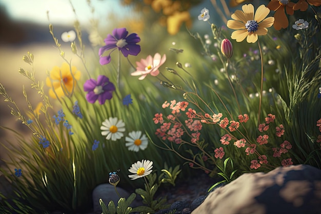 Spring sunny meadow with flowers Illustration Generative AI