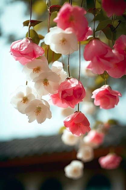 Spring super real many pink and white silk crabapple flowers hanging on the shelf pink and white petals blue sky generat ai